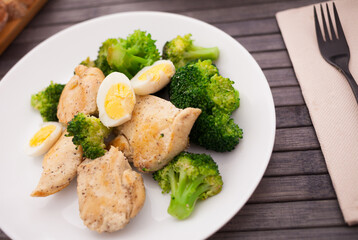 pieces of fried chicken breast with boiled broccoli and quail eggs on plate for lunch