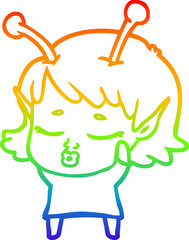 rainbow gradient line drawing cute alien girl cartoon