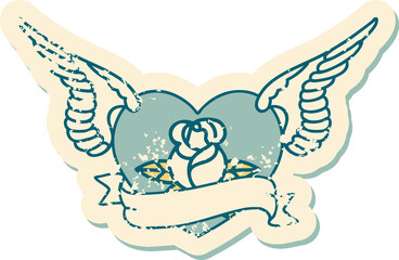 distressed sticker tattoo style icon of a flying heart with flowers and banner