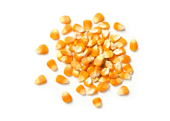 Top view of dried corn seeds isolated on white background. Clipping path.