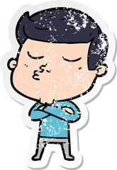 distressed sticker of a cartoon model guy pouting
