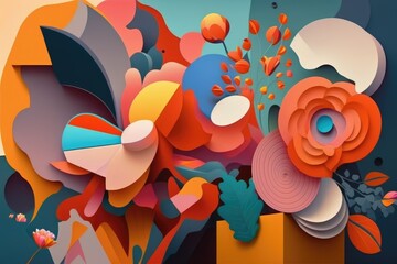 Abstract background with colorful paper cut shapes and floral elements