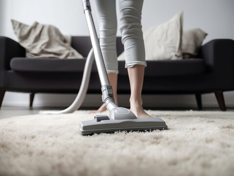 Eine Frau reinigt mit dem Staubsauger einen Teppich im Wohnzimmer, generative AI