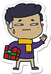 Fototapeta premium sticker of a cartoon anxious man with christmas gift