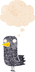 cartoon bird and thought bubble in retro textured style