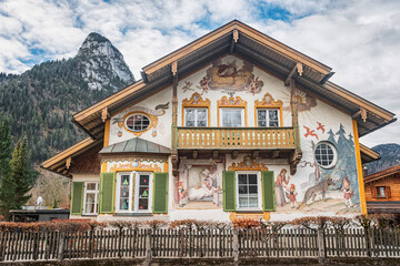 Oberammergau Painted houses, Bavaria, Germany. Oberammergau town in Bavarian Alps, known for its woodcarvers and woodcarvings and its 380-year tradition of mounting Passion Plays.