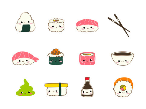 Sushi sticker set. Kawaii Japanese food. Vector cartoon manga characters.