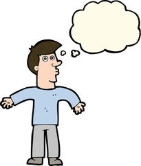 cartoon man shrugging shoulders with thought bubble