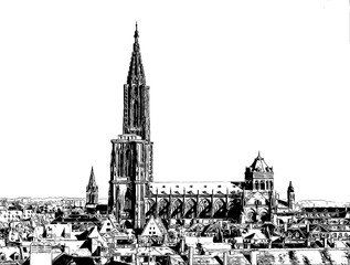 Strasbourg Cathedral or Cathedral of Our Lady
, Catholic cathedral in Strasbourg, Alsace, France, ink sketch illustration.