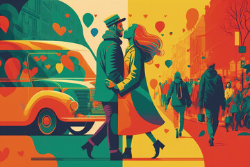 Flat retro design: Romantic love between people. Couple in love | Generative AI Production
