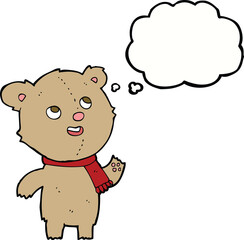 cartoon teddy bear wearing scarf with thought bubble