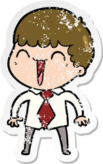 distressed sticker of a cartoon happy man