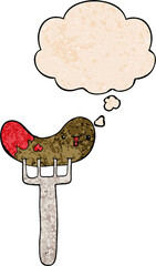 cartoon sausage and fork and thought bubble in grunge texture pattern style