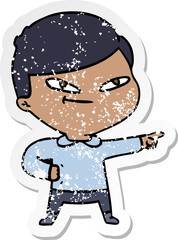 distressed sticker of a cartoon pointing man