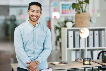 Happy, business and portrait of man in office for startup, confident and positive. Pride, corporate...
