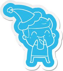 cartoon  sticker of a man laughing wearing santa hat