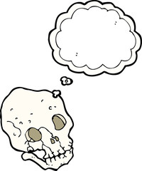 cartoon spooky skull with thought bubble
