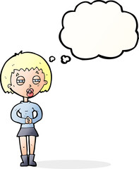 cartoon suspicious girl with thought bubble