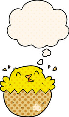 cartoon hatching chick and thought bubble in comic book style