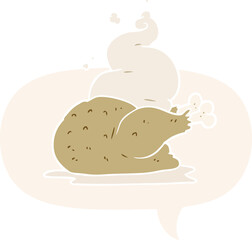 cartoon whole cooked chicken and speech bubble in retro style