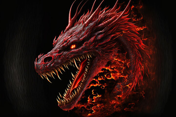 Fototapeta na wymiar head angry red dragon on black background, generative ai.