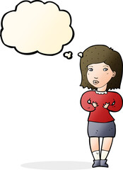 cartoon woman making excuses with thought bubble