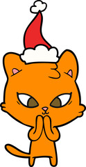 cute line drawing of a cat wearing santa hat