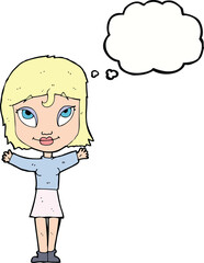 cartoon woman with open arms with thought bubble