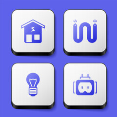 Set Smart home, Electric cable, Creative lamp light idea and Tee plug electric icon. White square button. Vector