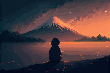 Girl looking at the mount fuji during the night. Vector art of anime woman stargazing. Beautiful atmospheric moody landscape. Relaxing scenery. Sad sihouette drawing. Japanese landmark. Japan nature.
