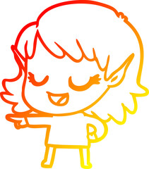 warm gradient line drawing happy cartoon elf girl pointing