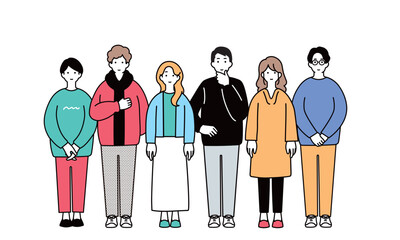 Obraz premium 一列に並ぶ若者のシンプルなイラスト 