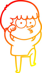 warm gradient line drawing cartoon curious boy rubbing eyes in disbelief