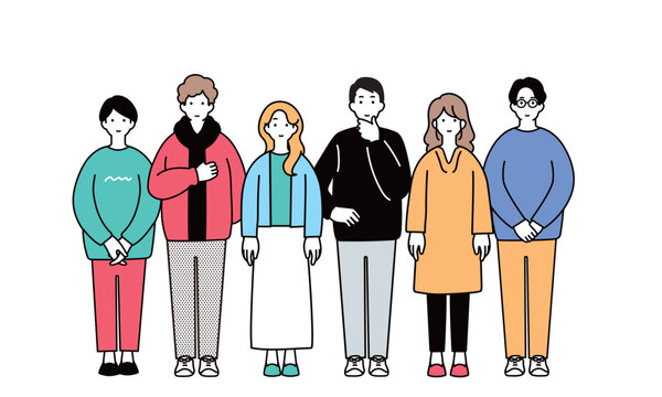 一列に並ぶ若者のシンプルなイラスト
