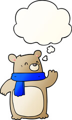 cartoon bear wearing scarf and thought bubble in smooth gradient style