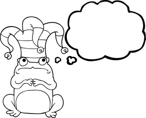 thought bubble cartoon nervous frog wearing jester hat