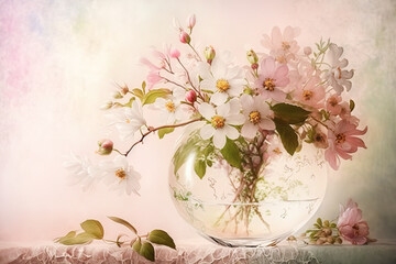 Bouquet of spring wildflowers in glass vase on table, 8 march and woman mother day card, generative ai.