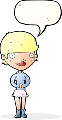 cartoon friendly woman with speech bubble