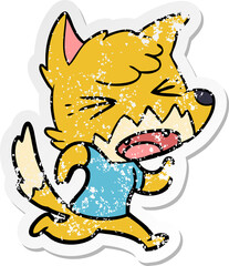 distressed sticker of a angry cartoon fox running