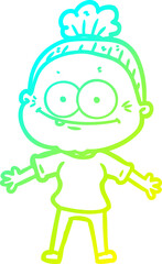 cold gradient line drawing cartoon happy old woman