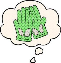 cartoon garden work gloves and thought bubble in comic book style