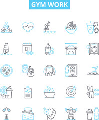 Gym work vector line icons set. Exercise, Fitness, Aerobics, Benchpress, Cardio, Squats, Weights illustration outline concept symbols and signs