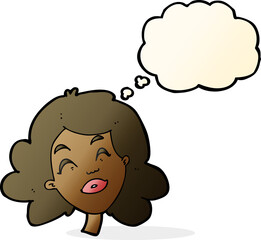 cartoon happy female face with thought bubble