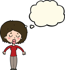 cartoon woman with closed eyes with thought bubble
