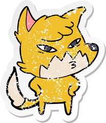 distressed sticker of a clever cartoon fox