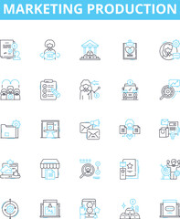 Marketing production vector line icons set. Promotion, Strategy, Advertising, Distribution, Branding, Analysis, Creativity illustration outline concept symbols and signs