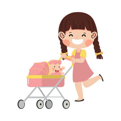 Young woman with the baby in wheeling strollers