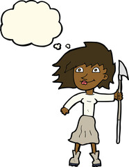 cartoon woman with spear with thought bubble