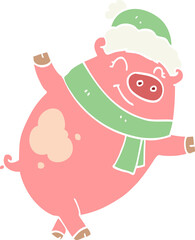 flat color style cartoon pig wearing christmas hat
