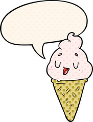 cute cartoon ice cream and speech bubble in comic book style